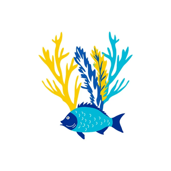 小鱼在海草间飘浮的病媒图解 海洋动物和野生水下动物概念 — 图库矢量图片