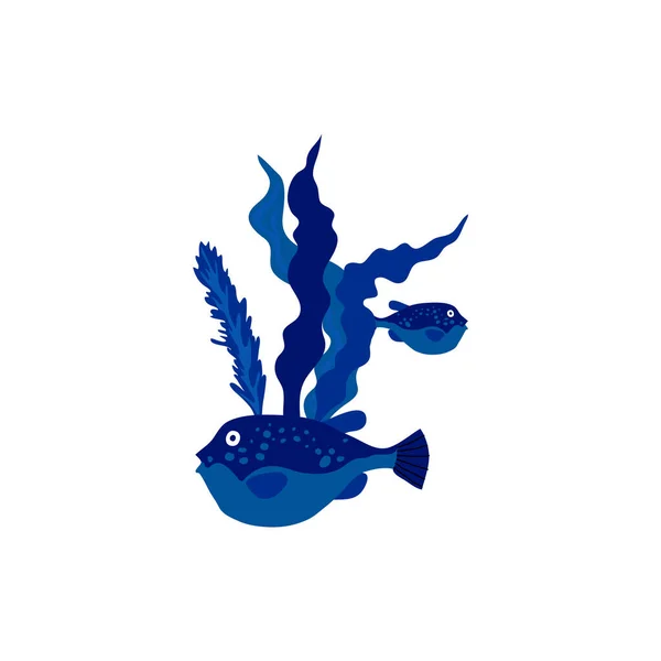 蓝鱼在海草中飘浮 海洋动物和野生水下动物概念 — 图库矢量图片