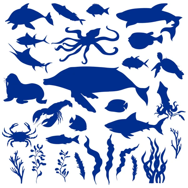 Meerestiere Und Kreaturen Blue Silhouette Vektor Set Marine Flora Und — Stockvektor