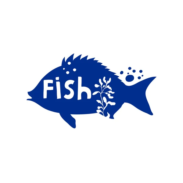 Fischsilhouette Mit Meeresflora Und Unkraut Der Vektorillustration Stoppt Verschmutzung Und — Stockvektor