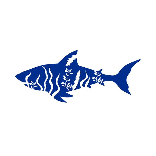 带海植物和杂草的鱼的轮廓在病媒图解中 停止污染及水污染海报设计模版 — 图库矢量图片