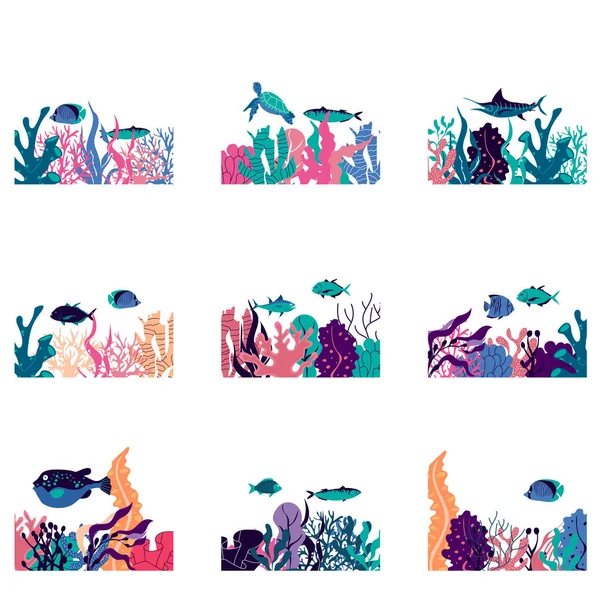 Sea Life Composition Underwater Algae Fish Floating Vector Set Marin — Stock vektor