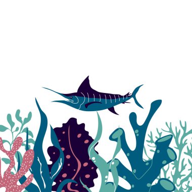 Su altı Algleri ve Balık Yüzen Vektör Bileşimi ile Deniz Yaşamı. Ocean Bottom 'dan Marine Flora ve Fauna