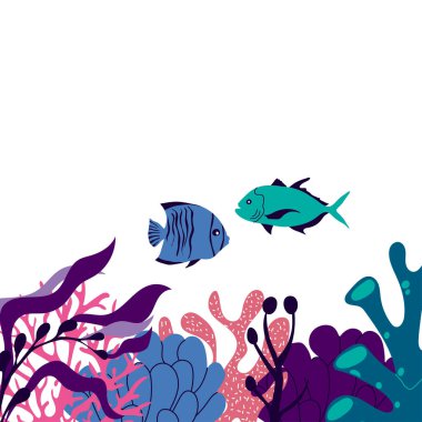 Su altı Algleri ve Balık Yüzen Vektör Bileşimi ile Deniz Yaşamı. Ocean Bottom 'dan Marine Flora ve Fauna