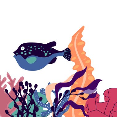 Su altı Algleri ve Balık Yüzen Vektör Bileşimi ile Deniz Yaşamı. Ocean Bottom 'dan Marine Flora ve Fauna