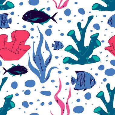 Su altı Yaratıkları ve Deniz Yaşamı ile Balık ve Deniz Yabani otlar Kusursuz Vektör Deseni