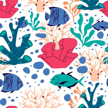 Su altı Yaratıkları ve Deniz Yaşamı ile Balık ve Deniz Yabani otlar Kusursuz Vektör Deseni