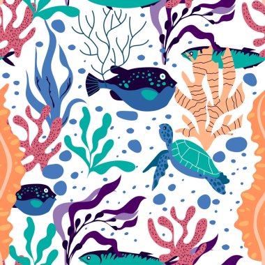 Su altı Yaratıkları ve Deniz Yaşamı ile Balık ve Deniz Yabani otlar Kusursuz Vektör Deseni