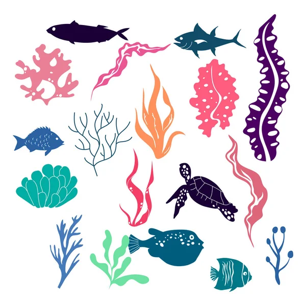 Zeeplanten en aquatische zeealgen met drijvende visvectorset — Stockvector