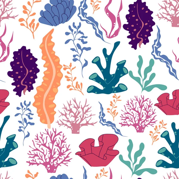 Colorful Algae and Sea Weeds with Wavy Leaves and Plants Vector Seamless Pattern — Stock Vector