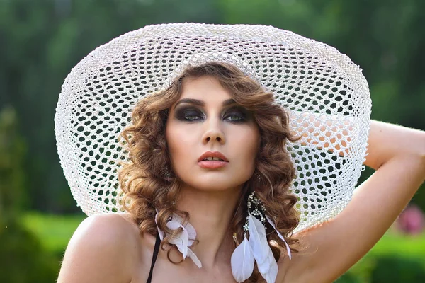 Beautiful Curly Girl White Hat Black Swimsuit Posing Park Background — Stock Photo, Image
