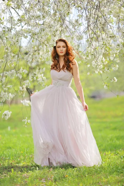 美丽的年轻温柔的女孩在樱花花园在春日 花瓣从树上落下 — 图库照片