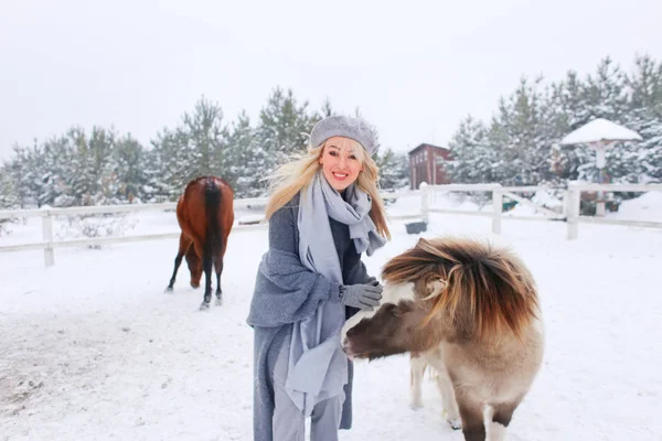 Mladý Šťastný Úsměv Atraktivní Blonďatá Žena Koněm Zatažená Zimní Den — Stock fotografie