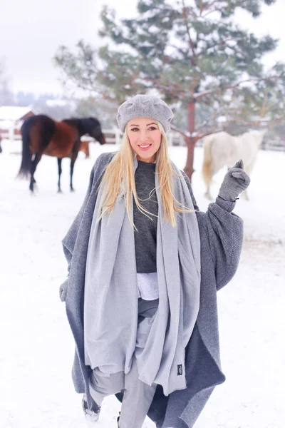 Young Happy Smiling Attractive Blond Woman Horse Overcast Winter Day — Stock Photo, Image
