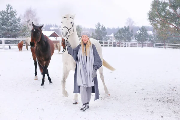 Ung Glad Mulen Leende Attraktiv Blond Kvinna Med Häst Vinterdag — Stockfoto