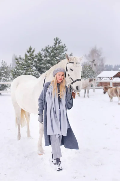 Young Happy Smiling Attractive Blond Woman Horse Overcast Winter Day — Stock Photo, Image