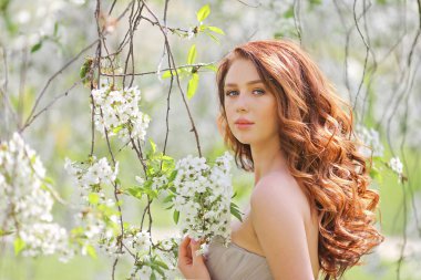 Güzel genç kız kiraz çiçeği bahçe içinde bir bahar gününde çiçek yaprakları ağaçtan düşen ihale