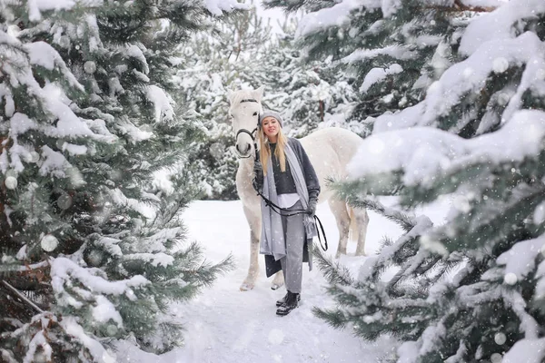 Young Gelukkig Bewolking Lachend Aantrekkelijke Blonde Vrouw Met Paard Winterdag — Stockfoto