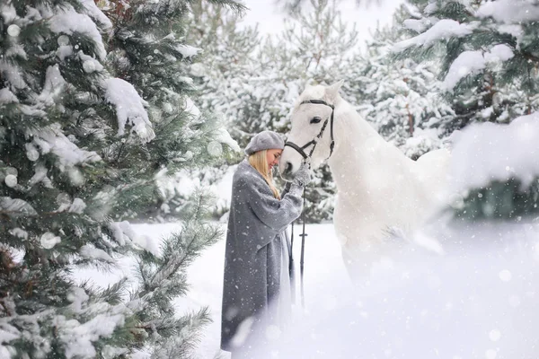 Young Gelukkig Bewolking Lachend Aantrekkelijke Blonde Vrouw Met Paard Winterdag — Stockfoto