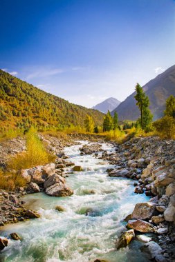 Güzel dağ manzarası. Nehir gidiş yalak mointains. Mavi gökyüzü.