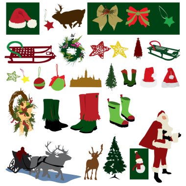 Yeni yıl nesnenin - kış sembollerin ve yeni yıl - Noel Baba, kardan adam, kızaklarımız, yılbaşı ağacı, beyaz arka plan üzerinde kar taneleri kümesi 