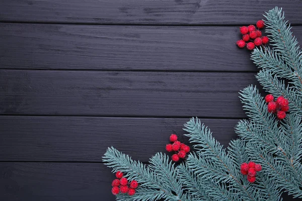 Christmas composition. Fir branches and berries of viburnum on a black background. New Year\'s composition