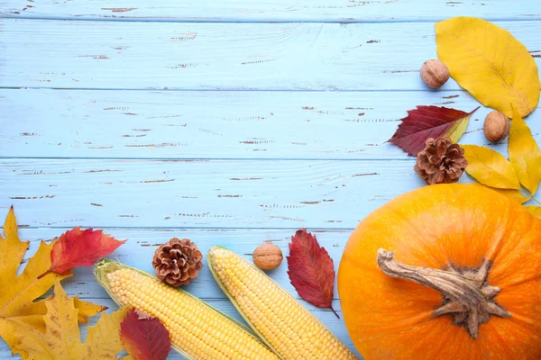 Orangener Kürbis Mit Blättern Und Gemüse Auf Blauem Hintergrund Erntedankfest — Stockfoto