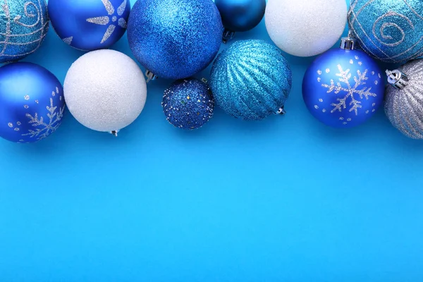 Blue Silver Christmas Balls Blue Background New Year Composition — Stock Photo, Image