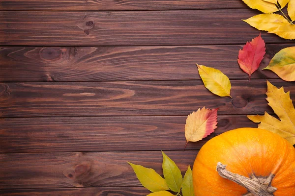 橙色南瓜与红色和橙色的叶子在棕色背景 感恩节 — 图库照片