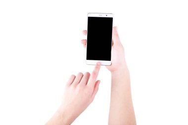 Boş ekran beyaz arka plan üzerinde izole ile cep telefonu tutan eller. Smartfone beyaz