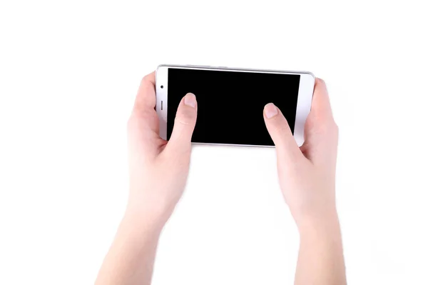 Женщины Держат Руках Мобильный Телефон Пустым Экраном Белом Фоне Цвет — стоковое фото