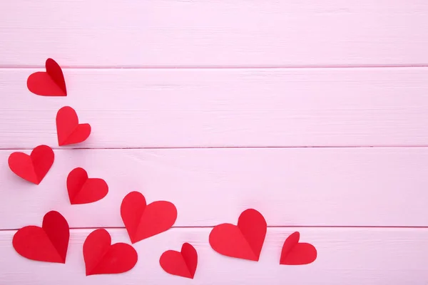 Valentinstag Grußkarte Handgefertigte Herzen Auf Rosa Hintergrund Ansicht Von Oben — Stockfoto