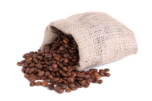 Kaffebönor Säckväv Säck Isolerade Kaffe Ovanifrån — Stockfoto