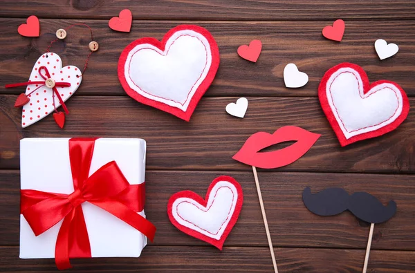 Aftelkalender Voor Valentijnsdag Achtergrond Met Decorationon Bruin Tabel Van Bovenaf — Stockfoto