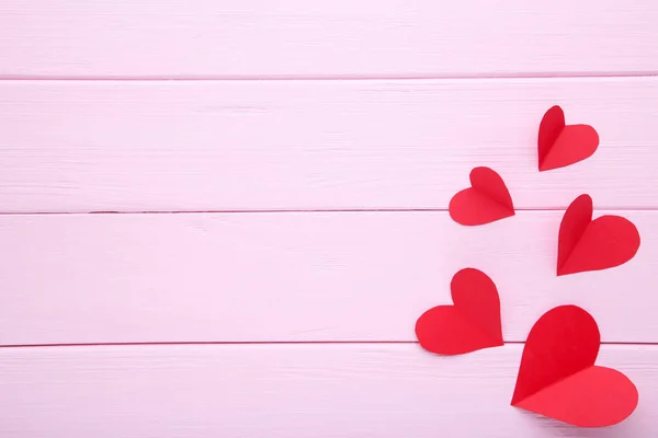 Valentinstag Grußkarte Handgefertigte Herzen Auf Rosa Hintergrund Ansicht Von Oben — Stockfoto