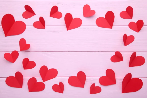 Valentinstag Grußkarte Handgefertigte Herzen Auf Rosa Hintergrund Ansicht Von Oben — Stockfoto