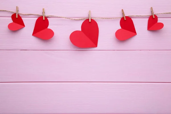 Felicitări Ziua Îndrăgostiţilor Inimi Mână Spate Roz Vizualizare Sus Spațiu — Fotografie, imagine de stoc