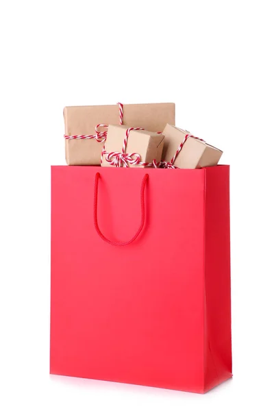 Gift Boxes Red Shoping Bag White Background Shopping Concept — Stock Photo, Image