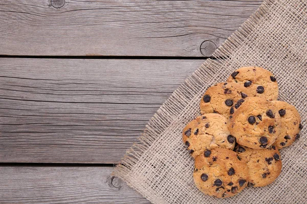 Chocolate Cookies Grey Sackcloth Chocolate Chip Cookies Grey Sackcloth Background — Stock Photo, Image