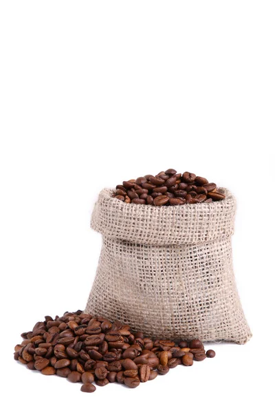 Kaffebönor Säckväv Säck Isolerade Kaffe Ovanifrån — Stockfoto