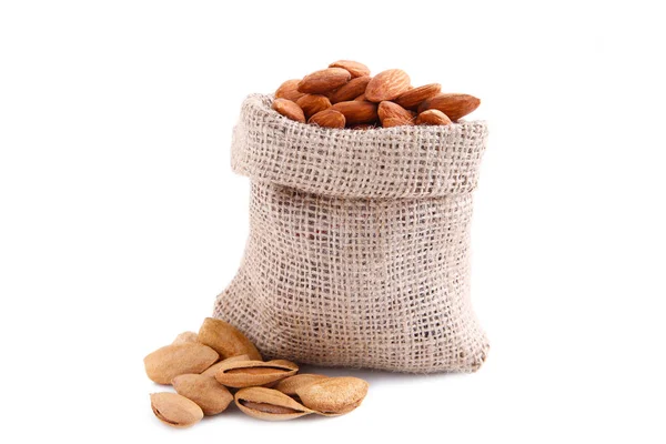 Sack with almond isolated on a white background. — Stock Photo, Image