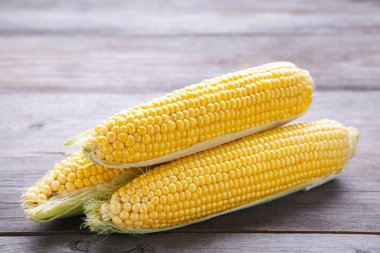 Gri ahşap arka plan üzerinde üç taze mısır.