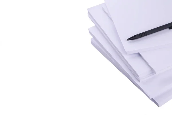 Stack white paper with pen isolated on a white background with Clipping Path Stock Photo