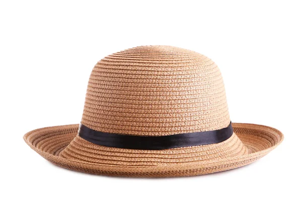 Zomer Panama stro hoed met zwart lint geïsoleerd op wit — Stockfoto
