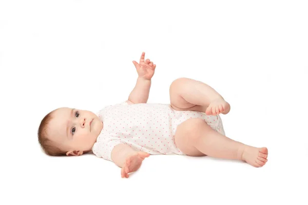Bebé Feliz Acostado Aislado Sobre Fondo Blanco Vista Superior —  Fotos de Stock