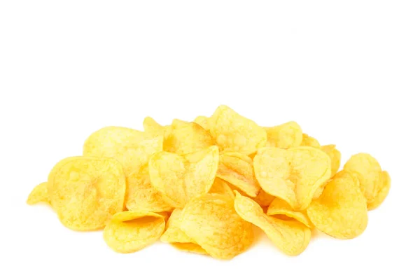 Many Prepared Potato Chips Snack Isolated White Background Top View — Stock Photo, Image