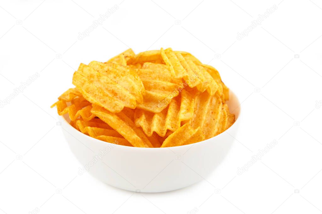 Potato chips on bowl isolated on white background, top view