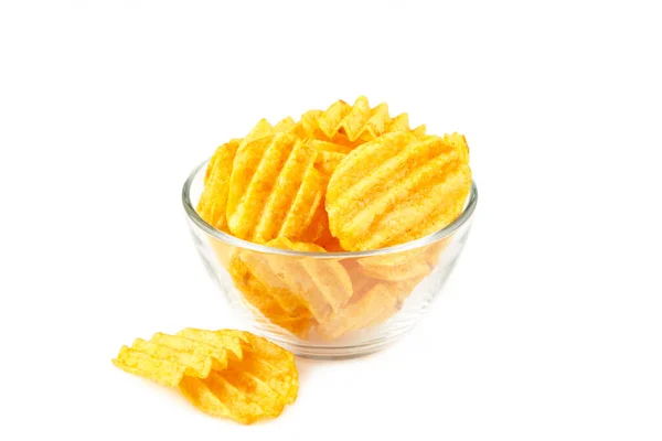 Kartoffelchips Auf Schüssel Isoliert Auf Weißem Hintergrund Draufsicht — Stockfoto