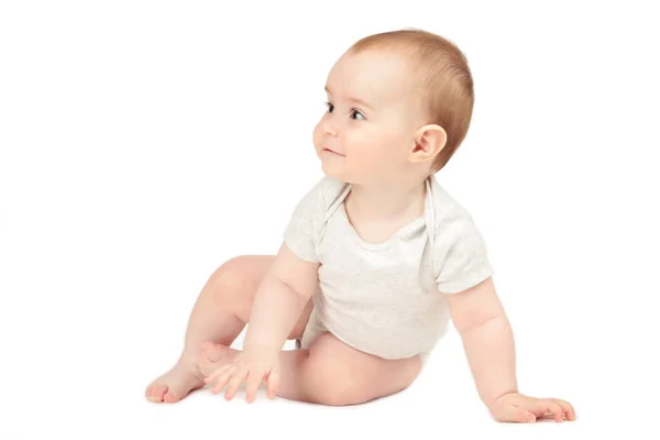 Happy Child Sitting Floor Isolated White Background Top View — Stock Photo, Image