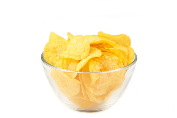 Potatis Chips Skål Isolerad Vit Bakgrund Ovanifrån — Stockfoto